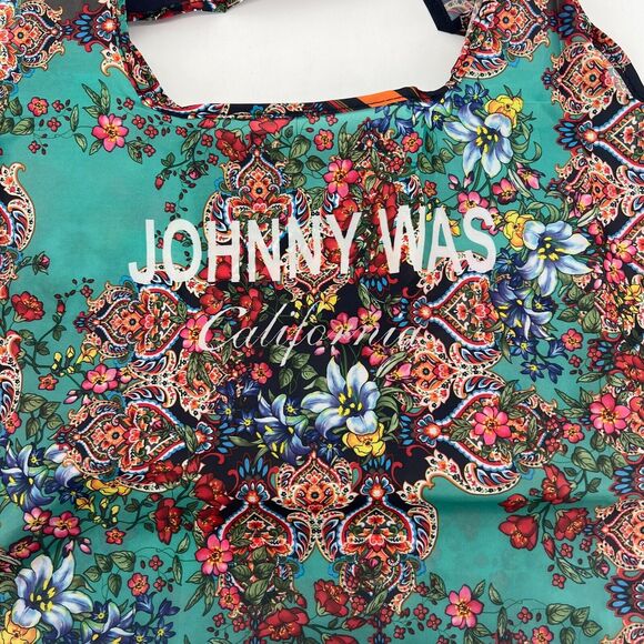 Johnny Was Reusable Bag Floral Paisley Dark Green Red Foldable Packable - Picture 3 of 7